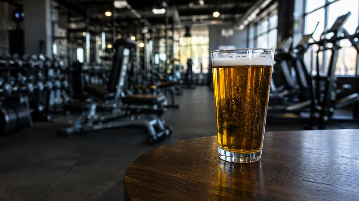 Pahar cu bere pe o masă, cu aparatele dintr-o sală de fitness în fundal