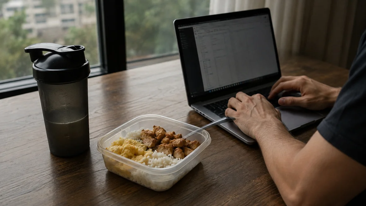 Cutie cu pui, orez și omletă lângă un shaker, pe biroul unei persoane care lucrează la laptop