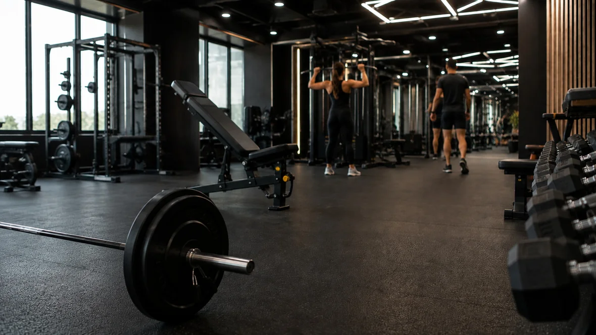 Sală de fitness cu o bară încărcată în prim-plan și două persoane care se antrenează în fundal
