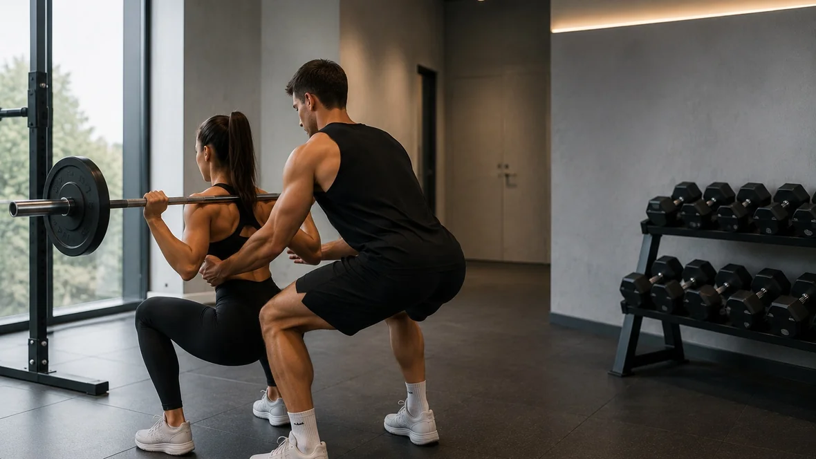 Două persoane executând genuflexiuni cu bara, într-o sală de fitness