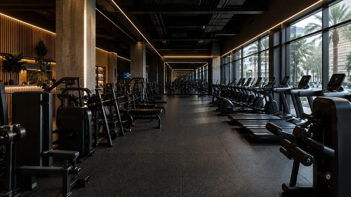 Sală de fitness cu aparate de forță pe o parte și benzi de alergat pe cealaltă
